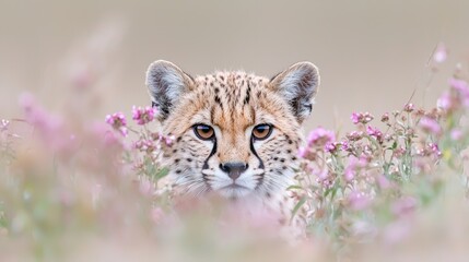 Obraz premium Cheetah cub amidst pink flowers, wildlife, nature