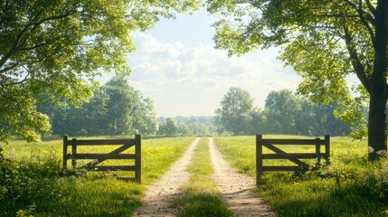 Fototapeta premium A serene pathway leads through an open gate, framed by lush greenery and trees under a bright, sunny sky.