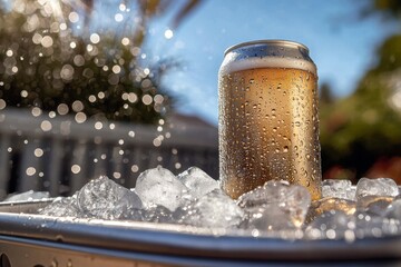 Cold can of beer on ice in a metal cooler against a sunny outdoor backdrop on a warm day