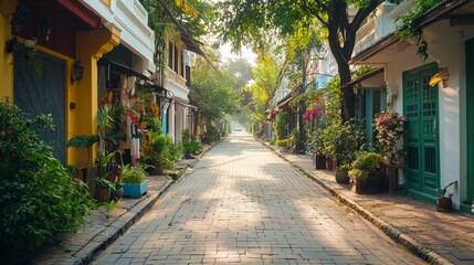 Fototapeta premium A serene street lined with charming houses and lush greenery, illuminated by soft morning light.