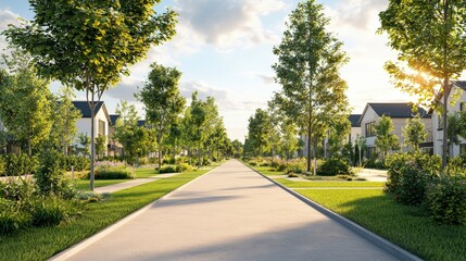 A scenic residential street lined with trees and lush greenery under a bright sky, creating a welcoming and serene atmosphere.