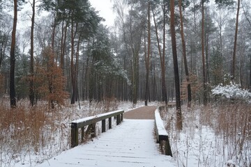 Snow-covered pathway through a serene forest in winter