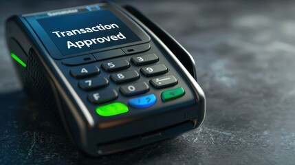 Obraz premium Contactless Payment Terminal Displaying Approved Transaction in Modern Minimalist Design