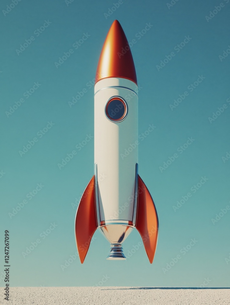 Poster launching rocket on blue sky background. startup and project concept. 3d rendering.