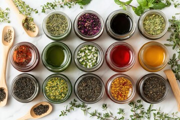 Collection of herbal teas in small jars with fresh herbs and wooden scoops