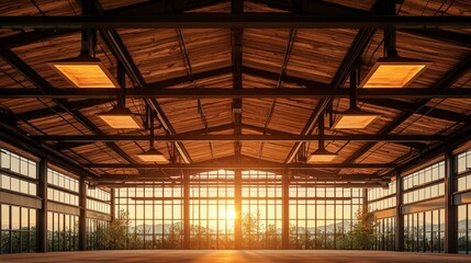 Spacious industrial interior with large windows showcasing a sunset view, featuring a wooden roof and modern design elements.