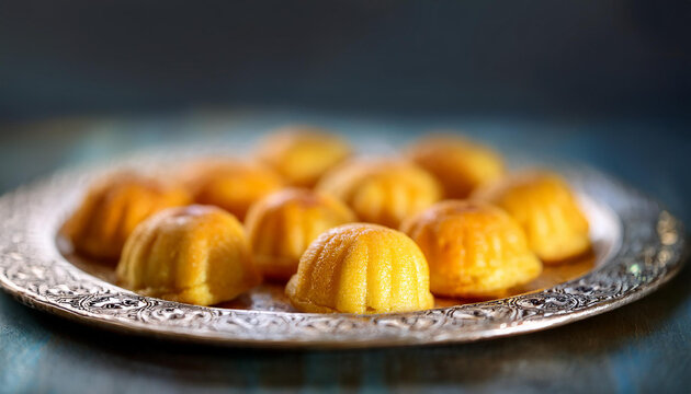 Tasty qatayef on metal plate, Middle Eastern dessert. Sweet food. Delicious Ramadan treat.