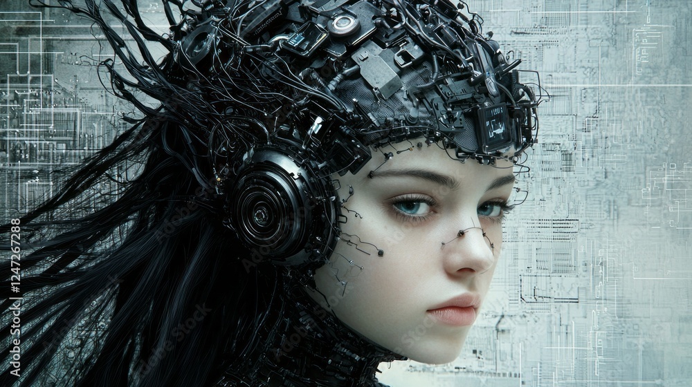 Poster a captivating young female cyborg features intricate mechanisms and wires embedded in her head, set 