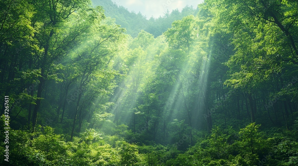 Poster lush green forest with rays of sunlight filtering through the trees, creating a serene and tranquil 