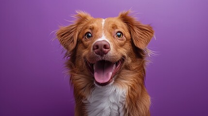 Smiling red and white dog portrait, close-up against purple background, joyful pet, vibrant photography, isolated image, room for copy space, expressive pet face, playful and cute dog

