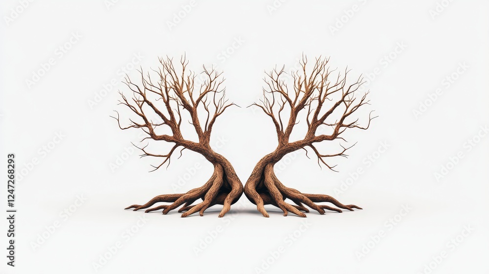 Poster symmetrical trees with bare branches and intertwined roots set against a plain background, symbolizi