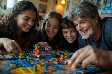 Fototapeta premium happy family enjoying board game together at home, sharing laughter and joy. atmosphere is filled with excitement as they engage in friendly competition