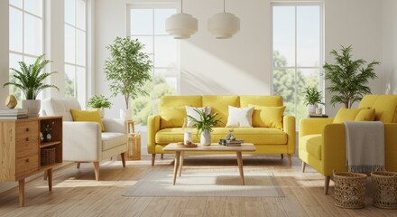 A bright and cheerful living room with a mustard yellow sofa and a cream-colored loveseat