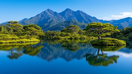 Serene Japanese Garden Landscape with Koi Pond and Majestic Mountains in Background