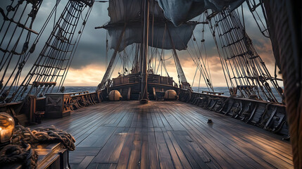 Naklejka premium A deserted pirate ship deck with wooden planks, sails, and rigging, set against a moody sky backdrop for a theater stage scene.