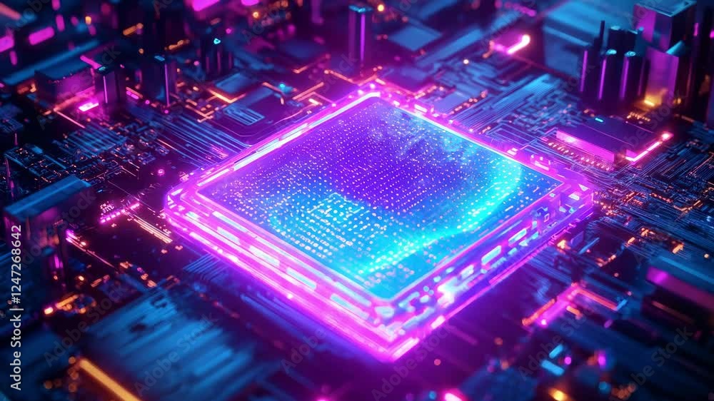 Poster neon colors illuminate a detailed microchip with intricate circuits, showcasing advanced computer te