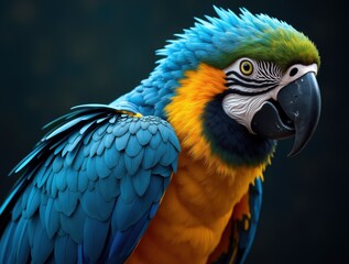 Fototapeta premium Close-up portrait of a stunning blue-and-yellow macaw with intricate feather details. A high-resolution wildlife shot with a dark, blurred background.
