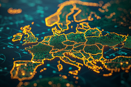 detailed map of Europe illuminated with glowing dots, representing data points and connectivity telecommunications. vibrant colors create dynamic visual effect, emphasizing communication networks