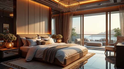 Luxurious master bedroom with a plush king-sized bed, elegant decor, and warm ambient lighting. Floor-to-ceiling windows offer a breathtaking ocean view at sunset.