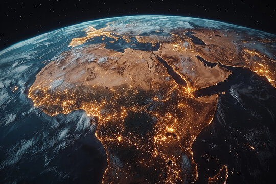 Earth from space at night, showcasing illuminated cities and landscapes across Africa and Europe, highlighting communication networks and urban development