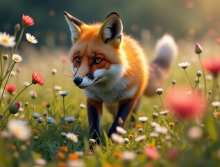 Graceful fox moving through a blooming meadow, surrounded by wildflowers. A serene wildlife moment captured in soft natural light.