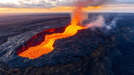 Fototapeta premium Aerial View of Volcanic Eruption at Sunset