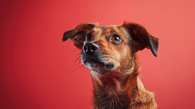 Small brown dog on red background, close-up of expressive pet, cute and adorable animal portrait, minimalistic and cheerful image, vibrant and playful vibes, isolated and curious pose

