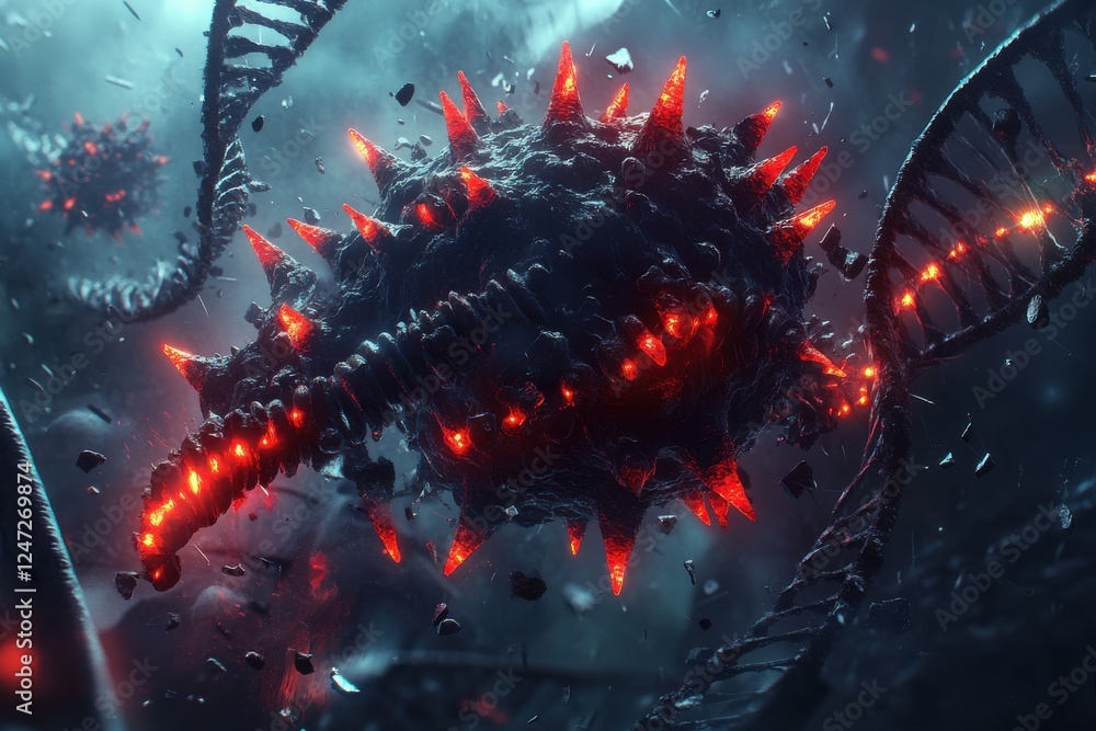Poster conceptual illustration of a menacing virus with glowing red spikes and fragmented dna strands in a 