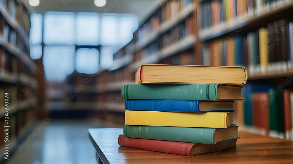 Poster stack of colorful books on a table with library background