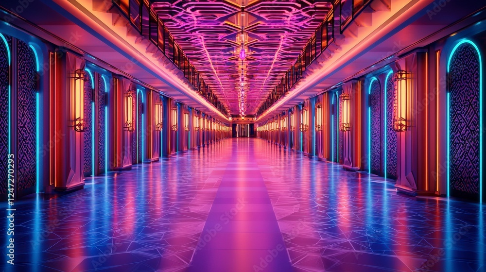 Poster a vibrant corridor illuminated by neon lights, featuring intricate patterns and a reflective floor, 