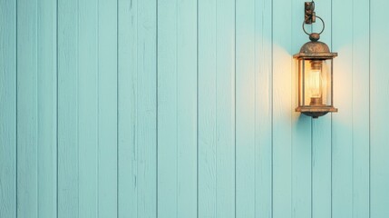 A vintage lantern glows warmly against a pastel blue wooden wall, creating a serene and inviting atmosphere.