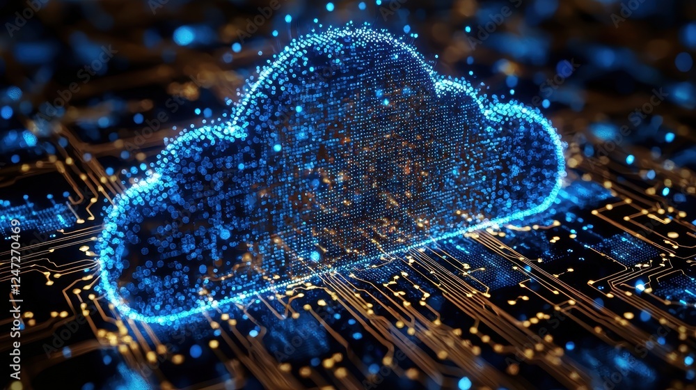 Poster digital cloud symbol with glowing particles on a circuit board background.