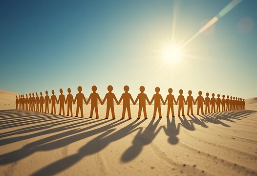 Paper human dolls holding hands while standing against the sunlight on the drought land, people join together to solve the global warming issue