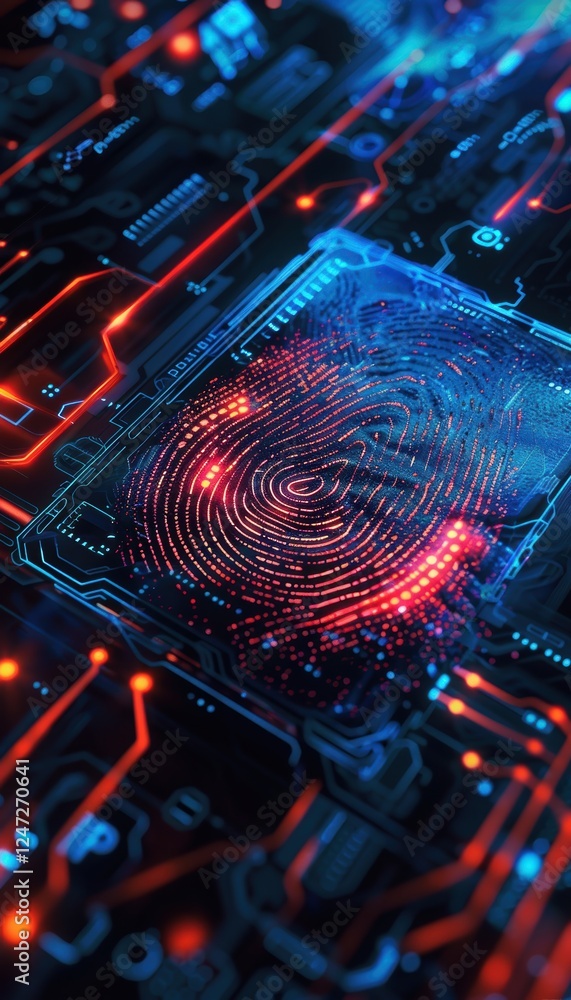 Poster futuristic fintech fingerprint scanner interface for secure digital applications