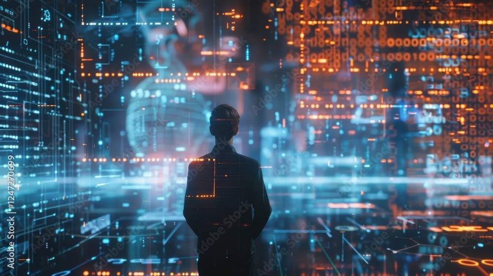Poster cybersecurity concept with hackers and layered firewall protections in digital data breach attempt