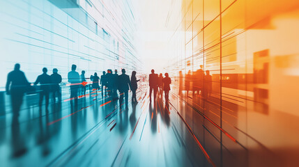 Group of business people silhouettes in modern office building and business network concept. Human resources with pastel innovation charts and graphs with statistics to analyze business