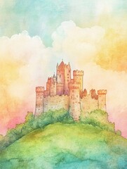 Naklejka premium Watercolor illustration of a majestic castle on a hill during a vibrant sunset. Generative AI