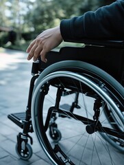 Obraz premium An image of a person sitting in a wheelchair outside, possibly advocating for accessibility and disability inclusiveness.