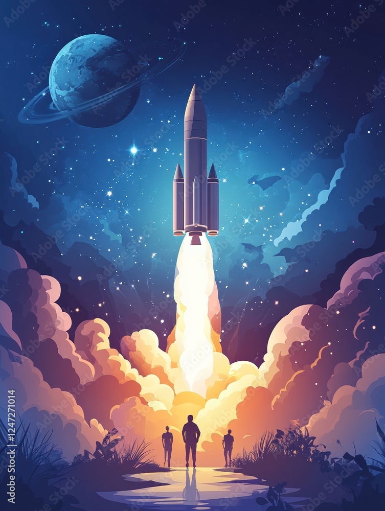 Poster startup concept. people launch spaceship rocket, start new project. start-up app landing web page ve