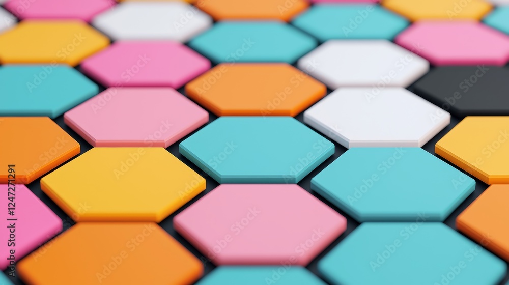 Poster colorful overlapping hexagons on dark background for modern design concepts