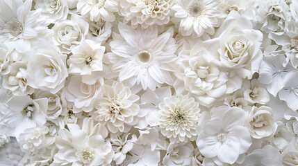 wall of white flowers roses chrysanthemums lilies daisies silk petals paper blooms