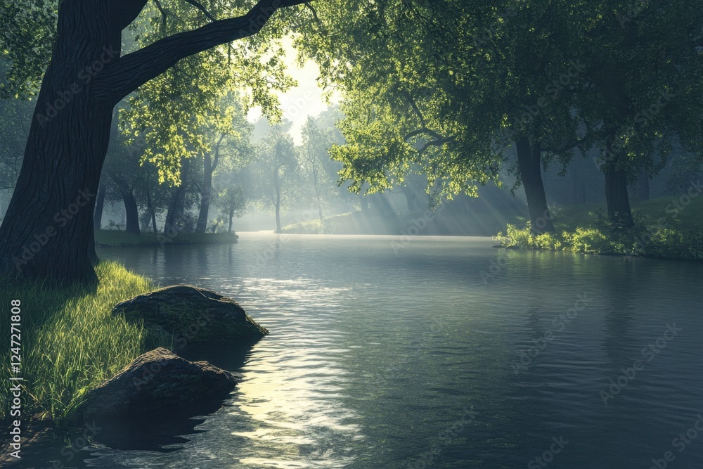 Poster serene river reflecting sunlight through trees in a tranquil forest setting