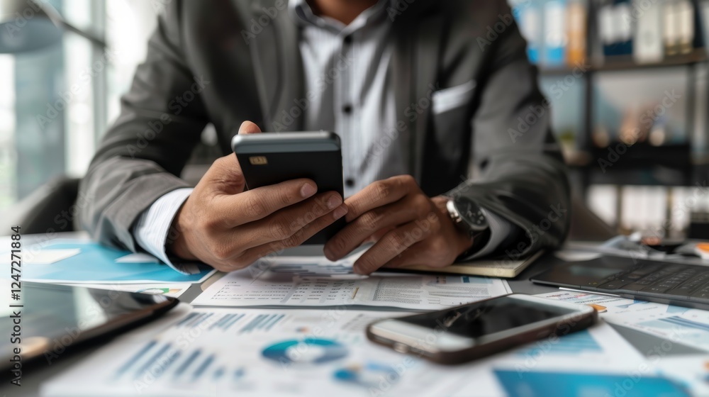 Poster modern fintech app usage for managing expenses in a smart gadget workspace