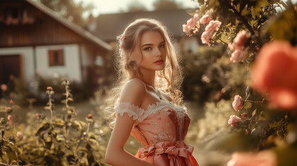 young girl in a pink dirndl dress with flowers and a sunny day