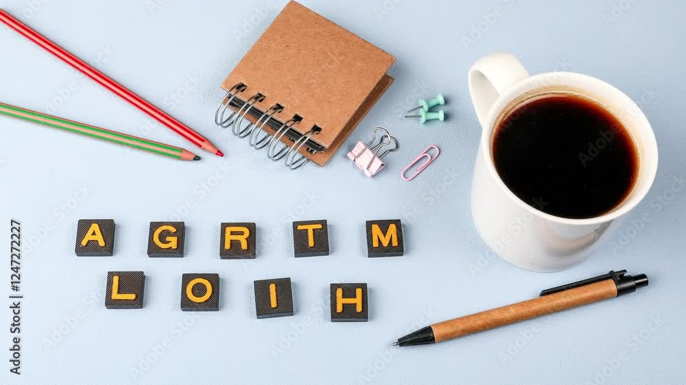 Sticker algorithm. text formed from moving letters, stop motion, 4k