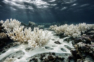 Coral reef in distress shows stark effects of bleaching, revealing struggling marine life in pale waters