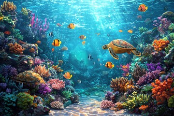 Fototapeta premium Coral reef ecosystem bustling with clownfish, sea turtles, and vibrant corals in crystal-clear waters