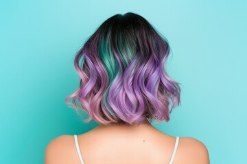 Naklejka premium Purple and blue ombre hairstyle, shoulder-length wavy hair, bold and trendy hair colors, gradient pastel tones, modern hair styling, vibrant creative look, isolated on light background