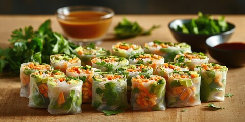 Fresh and vibrant vegetable spring rolls with colorful vegetables, ready for a healthy snack or meal. Served with sauce for dipping.