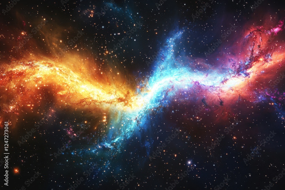 Poster cosmic collision of galaxies creates stunning patterns of light and color in the vastness of space